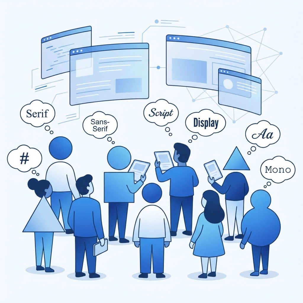 Group of figures analyzing screens, highlighting audience-focused font selection for brand websites