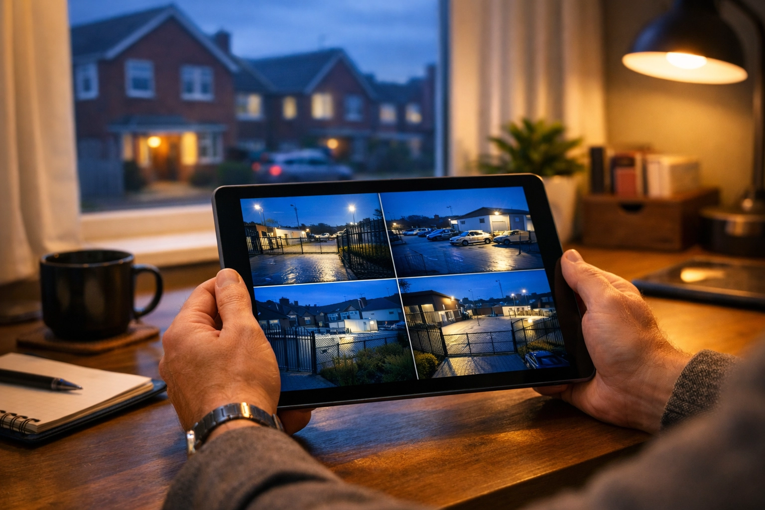 A Newport business owner remotely monitoring warehouse security cameras on a tablet for peace of mind.