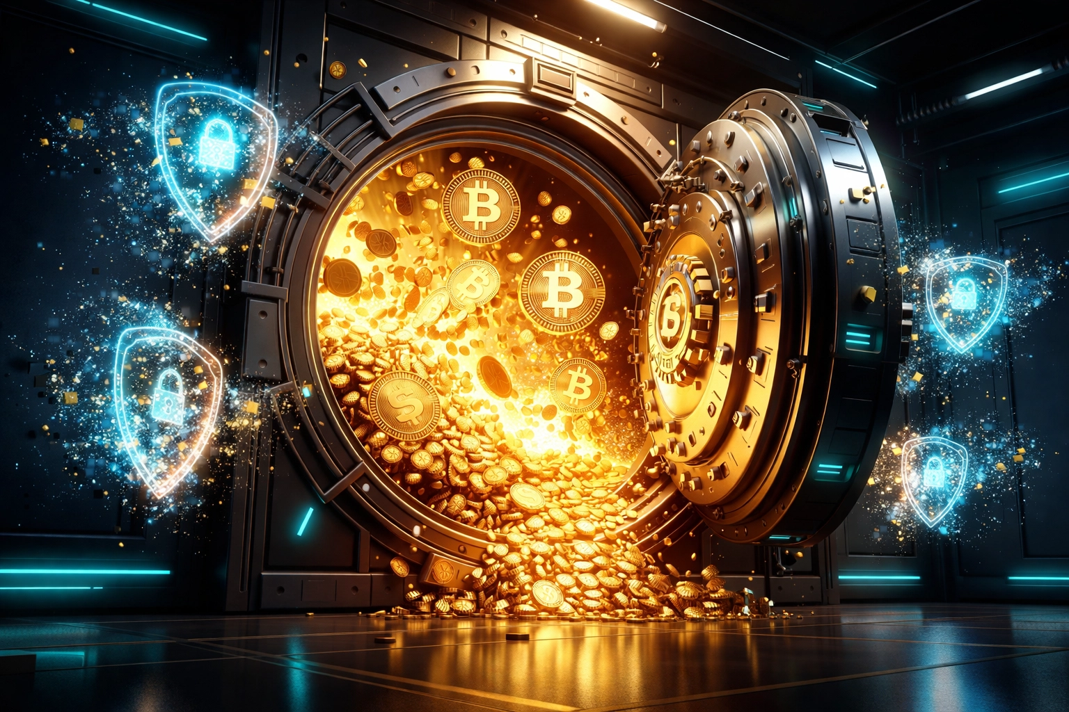Open digital vault revealing cryptocurrency coins symbolizing LUSD self-custody and merchant protection from account freezes