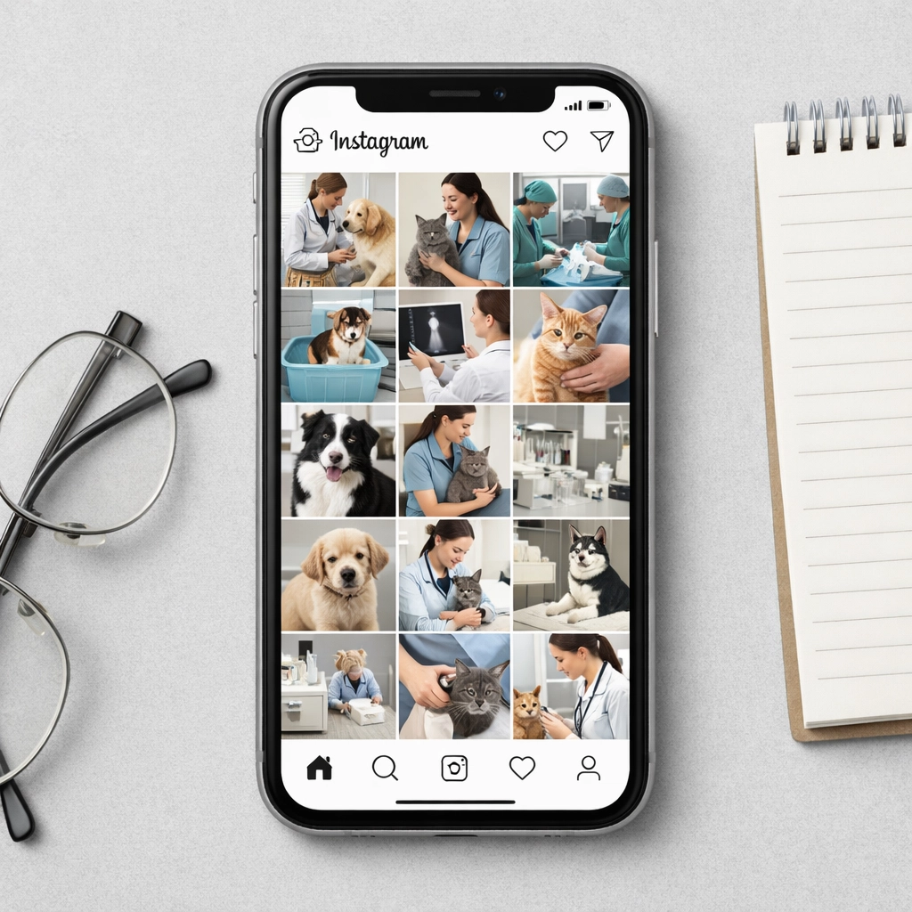 Smartphone displaying veterinary clinic Instagram feed with pet care social media posts