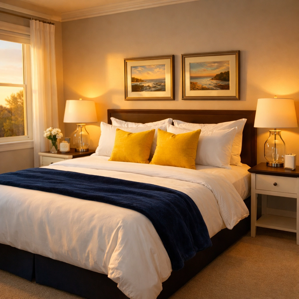 Serene master bedroom in Shirley MA with white linens and blue accents after a weekly house cleaning service.