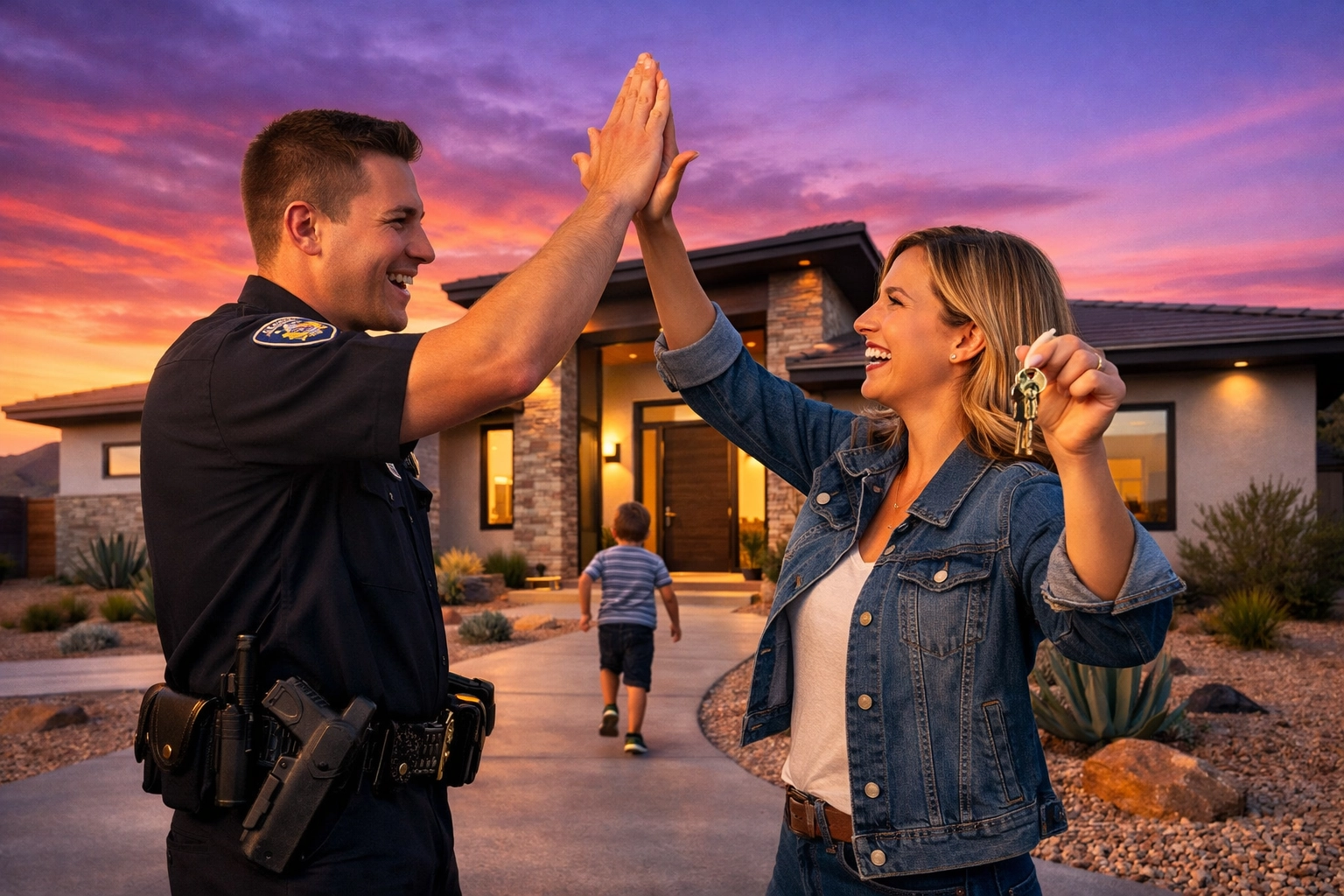 Police officer family celebrating home ownership in West Valley Phoenix using a flat fee realtor. Police officer family celebrating home ownership in West Valley Phoenix using a flat fee realtor.
