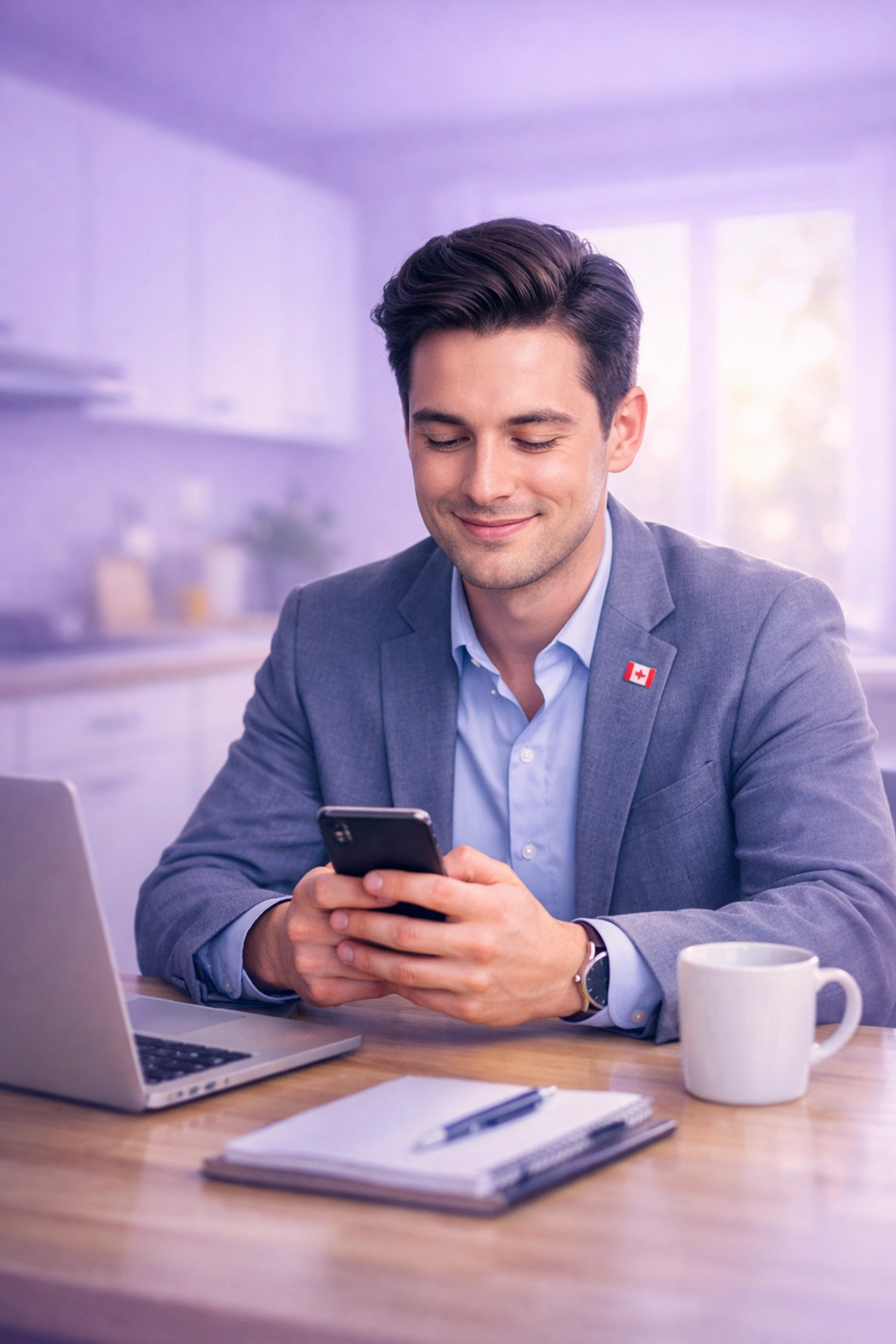Young professional smiling at phone after securing a payday loan online in Canada for emergency relief.