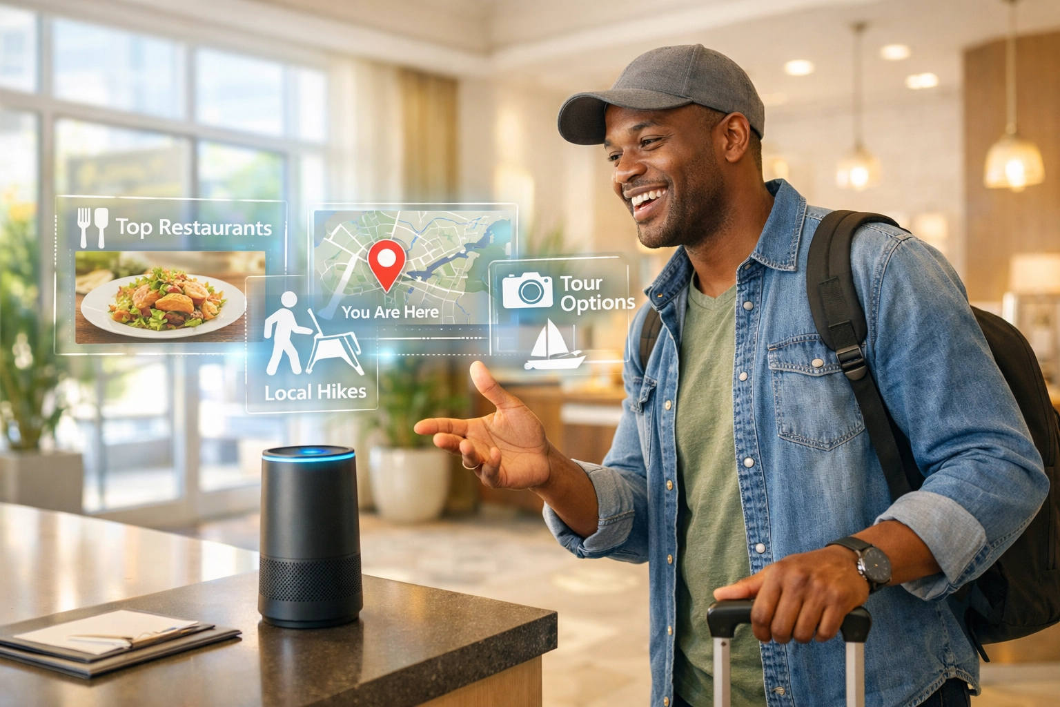 Hotel guest using voice AI concierge for hyper-local recommendations in modern lobby