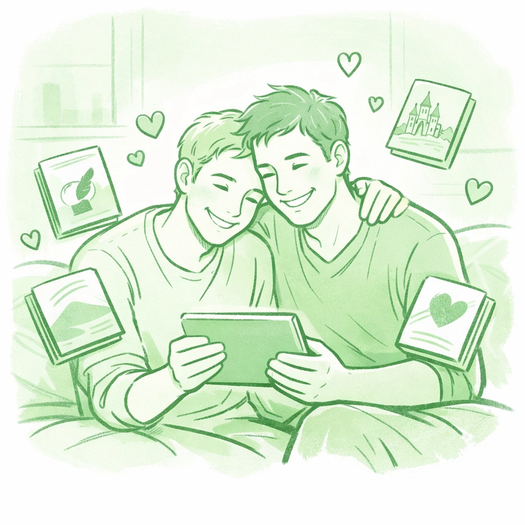 MM romance readers engaging with gay fiction on tablet, celebrating literary community connection