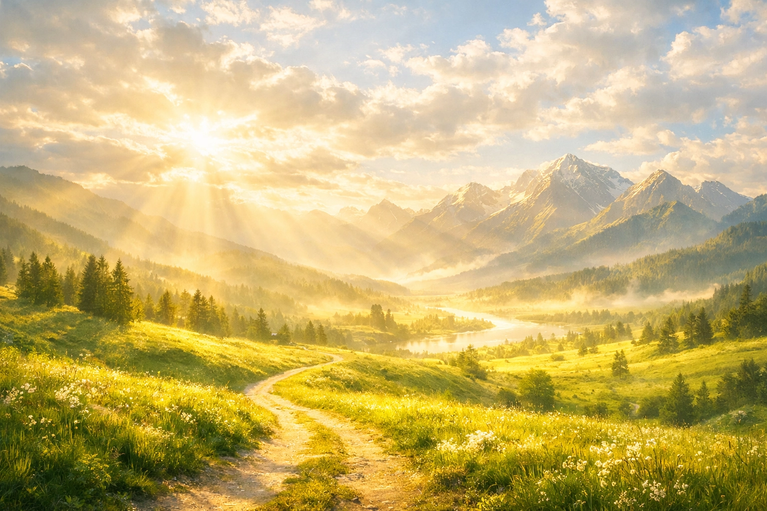 A golden path through a lush mountain valley at dawn representing the blessed hope of Christ.