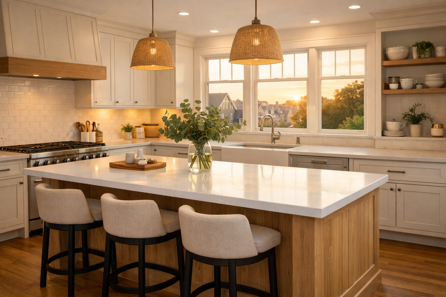 Modern kitchen remodel in Bay Village with a large quartz island and sunny neutral cabinetry.