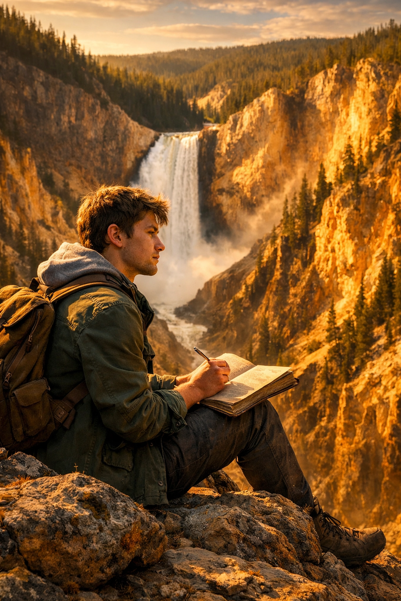 Student journaling at a canyon overlook during a Yellowstone Conservation Student Trip.