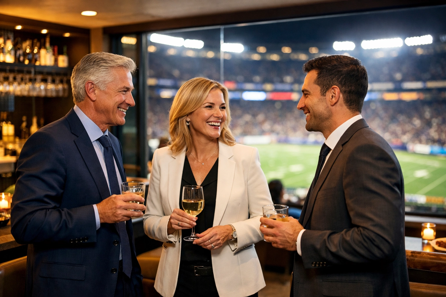 The Executive’s Guide to Super Bowl Brand Presence: How to Turn 48 Hours into 12 Months of Pipeline Business executives networking in a luxury stadium suite to establish brand presence during the Super Bowl.