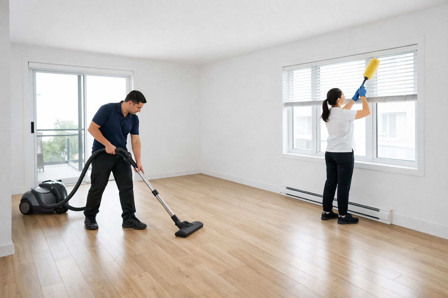 Two-person cleaning crew working efficiently in empty apartment turnover
