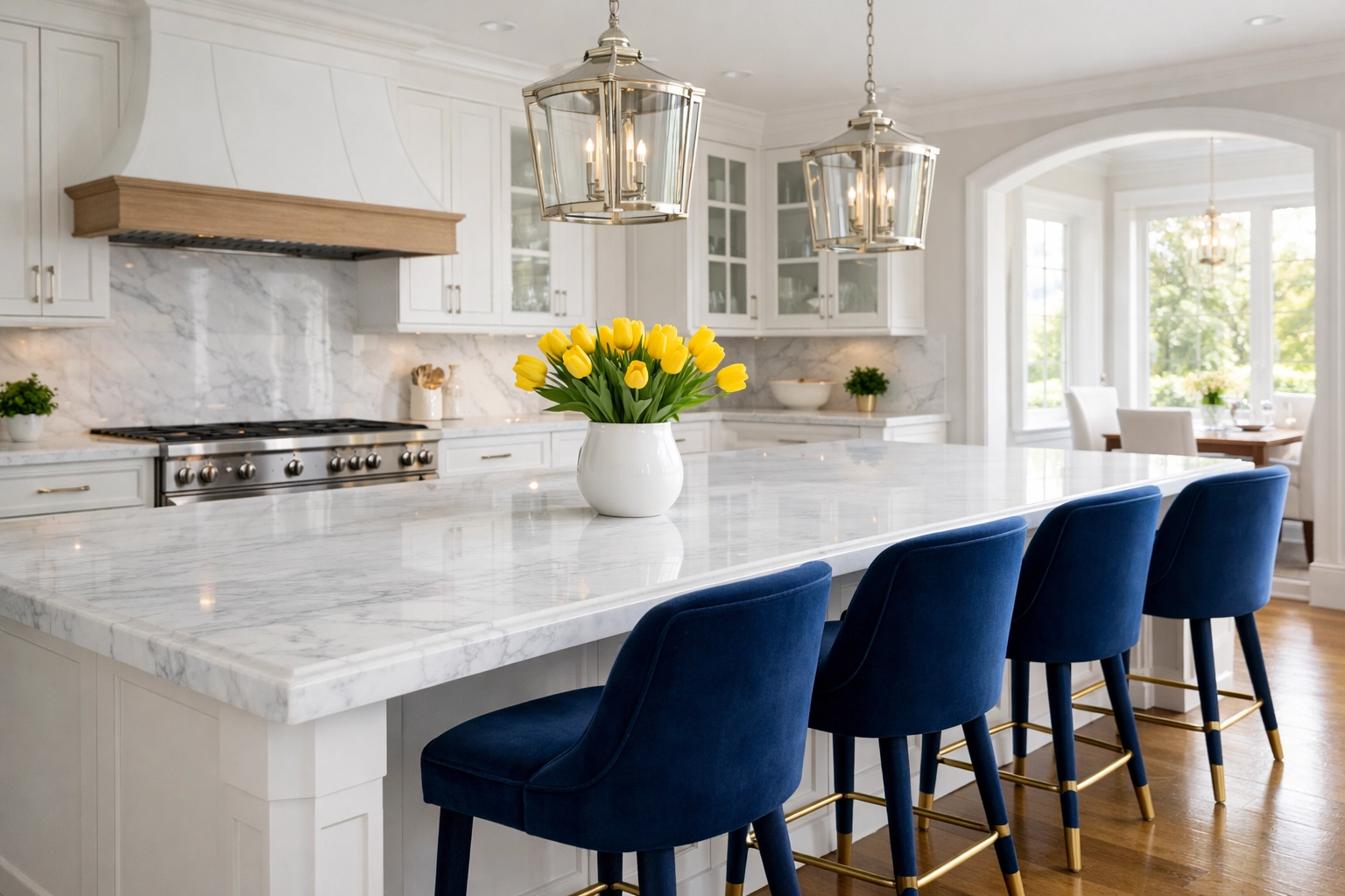 Pristine luxury Dover kitchen with marble countertops cleaned via residential cleaning Massachusetts.