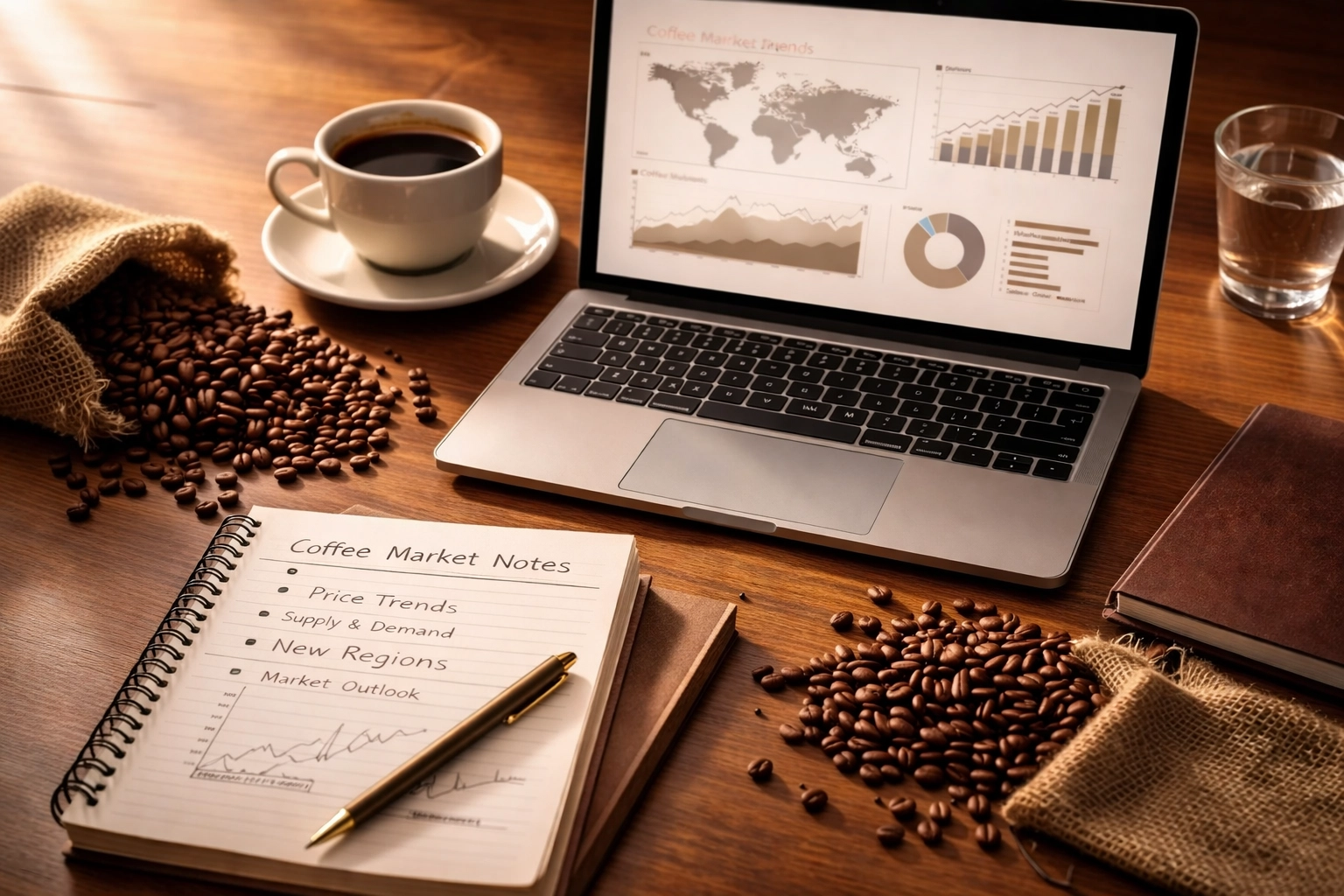 Coffee beans beside handwritten market notes and a laptop with generic charts on a warm-lit desk.