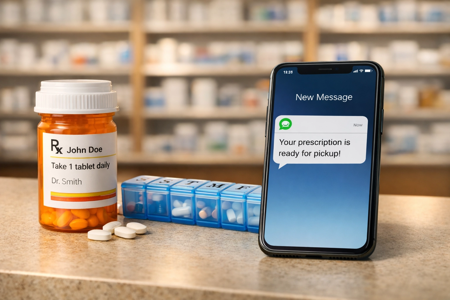 Prescription medication and smartphone at pharmacy counter showing online prescription pickup