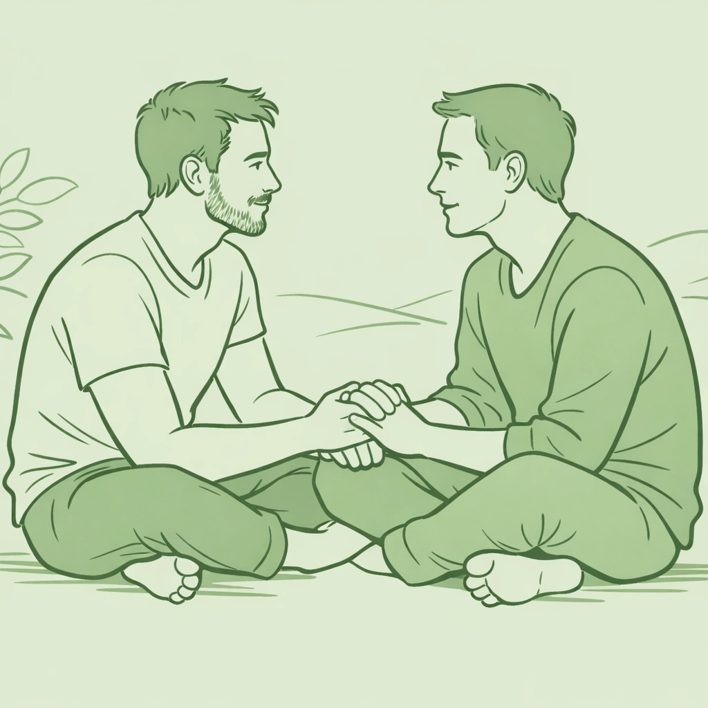 Male partners in deep conversation demonstrating emotional communication in MM relationship