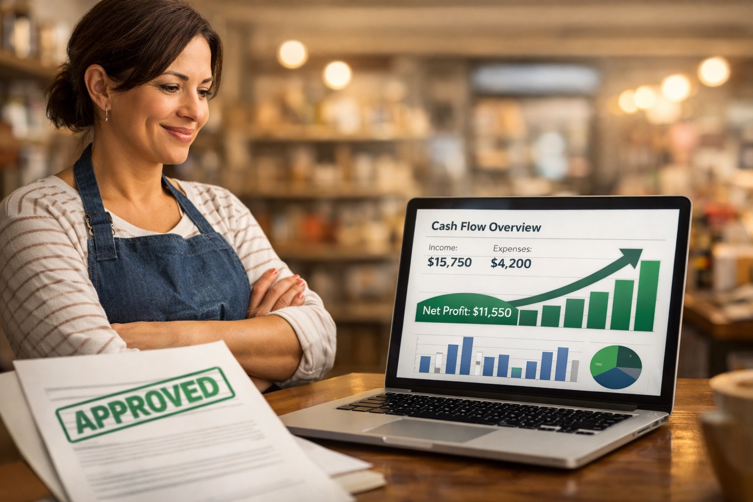 Small business owner reviewing a rising cash flow dashboard on a laptop