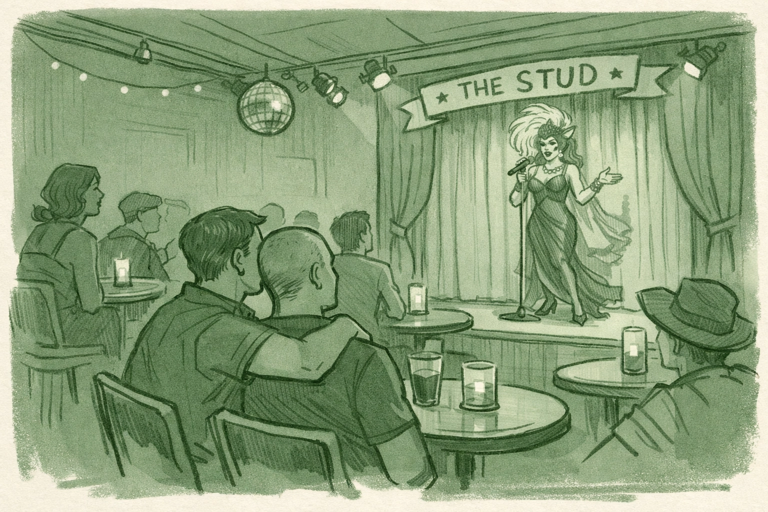 The Stud bar interior during Trannyshack weekly drag show with intimate queer crowd