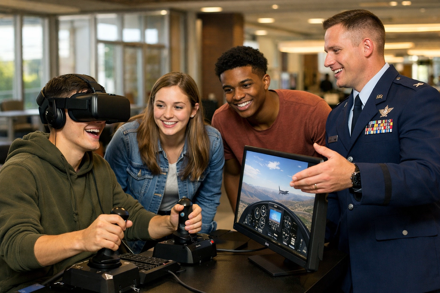 ROTC recruits trying VR flight simulator during military recruiting event with Air Force recruiter