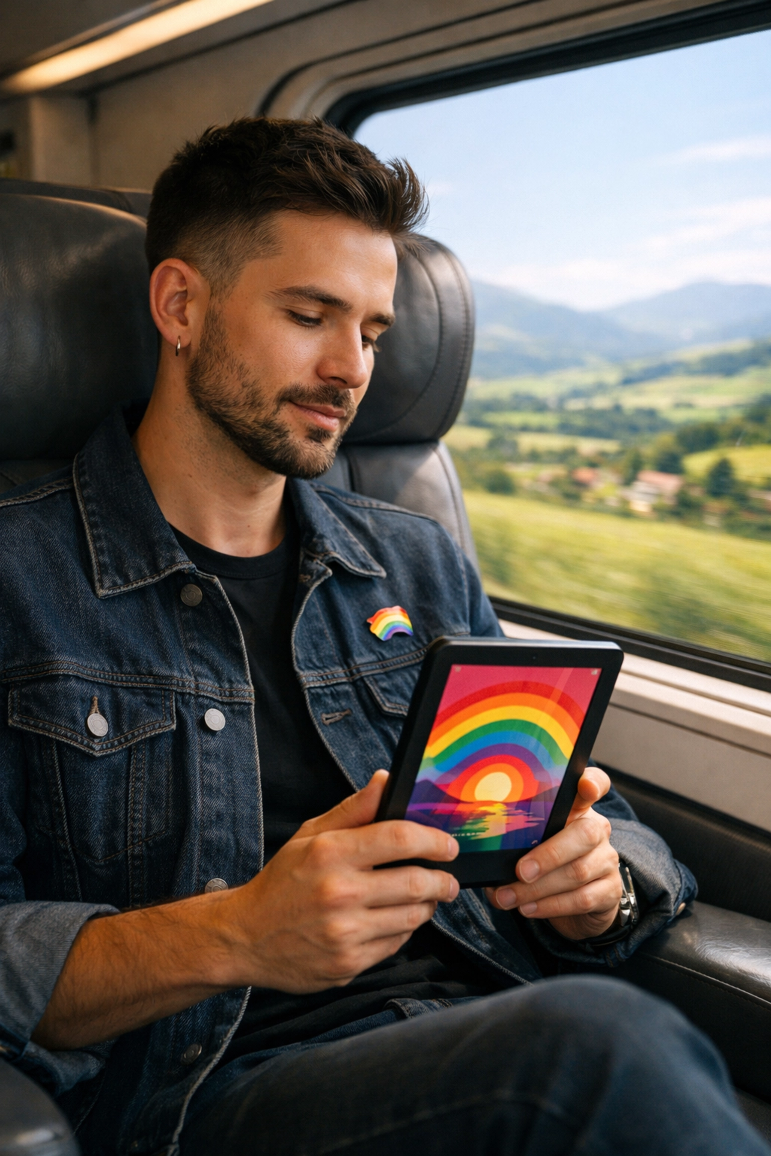 A gay man reading an LGBTQ+ ebook on an e-reader while traveling solo on a modern high-speed train.