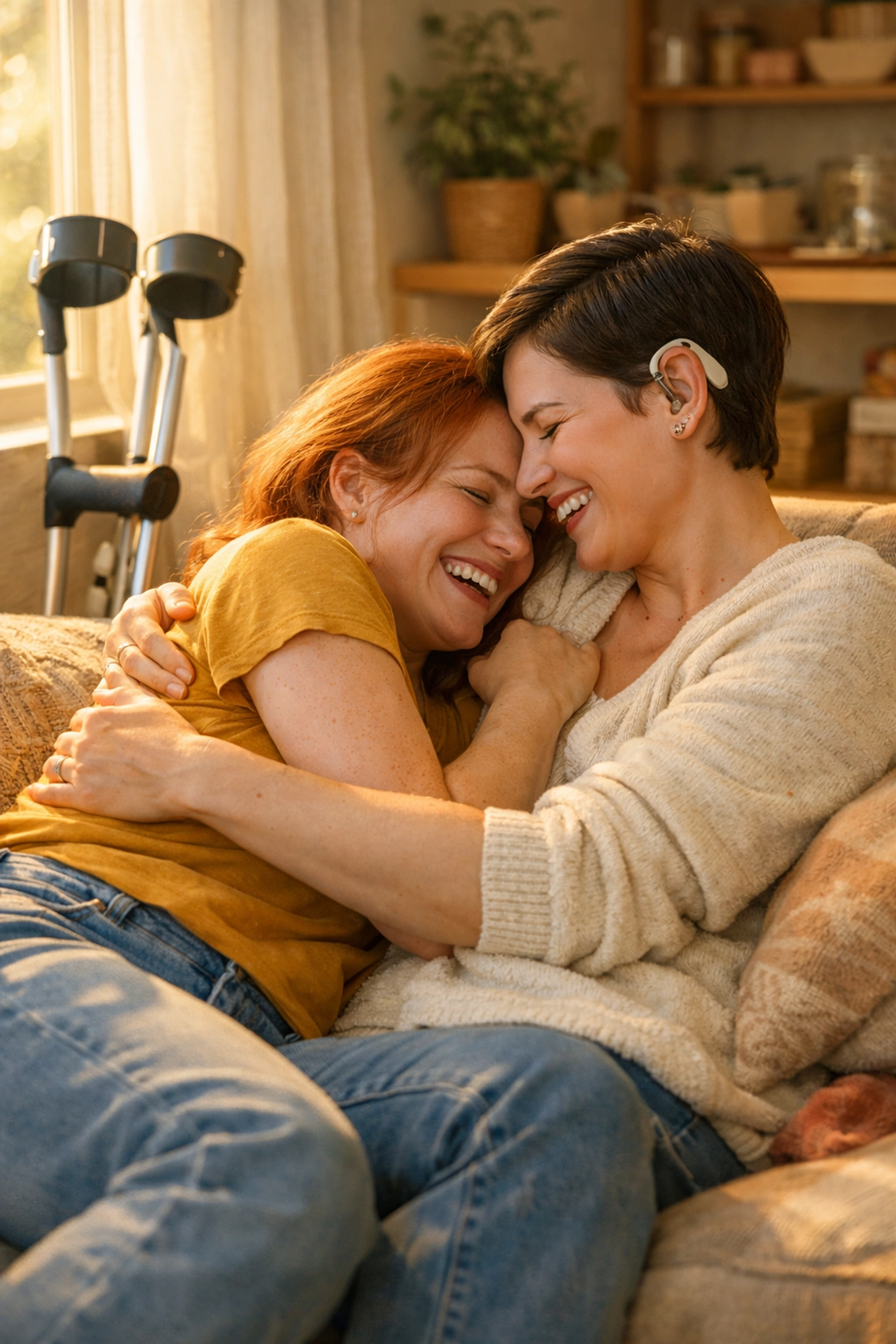 Two disabled lesbian women embracing at home showing queer love and intimacy