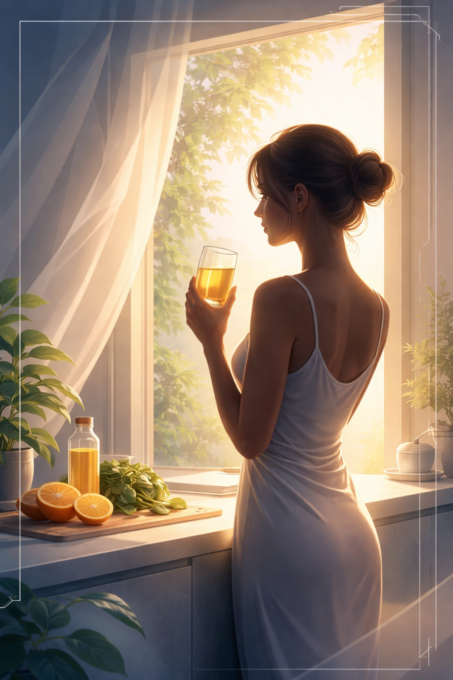 Woman enjoying a morning wellness drink by a sunlit window, representing a collagen-boosting lifestyle