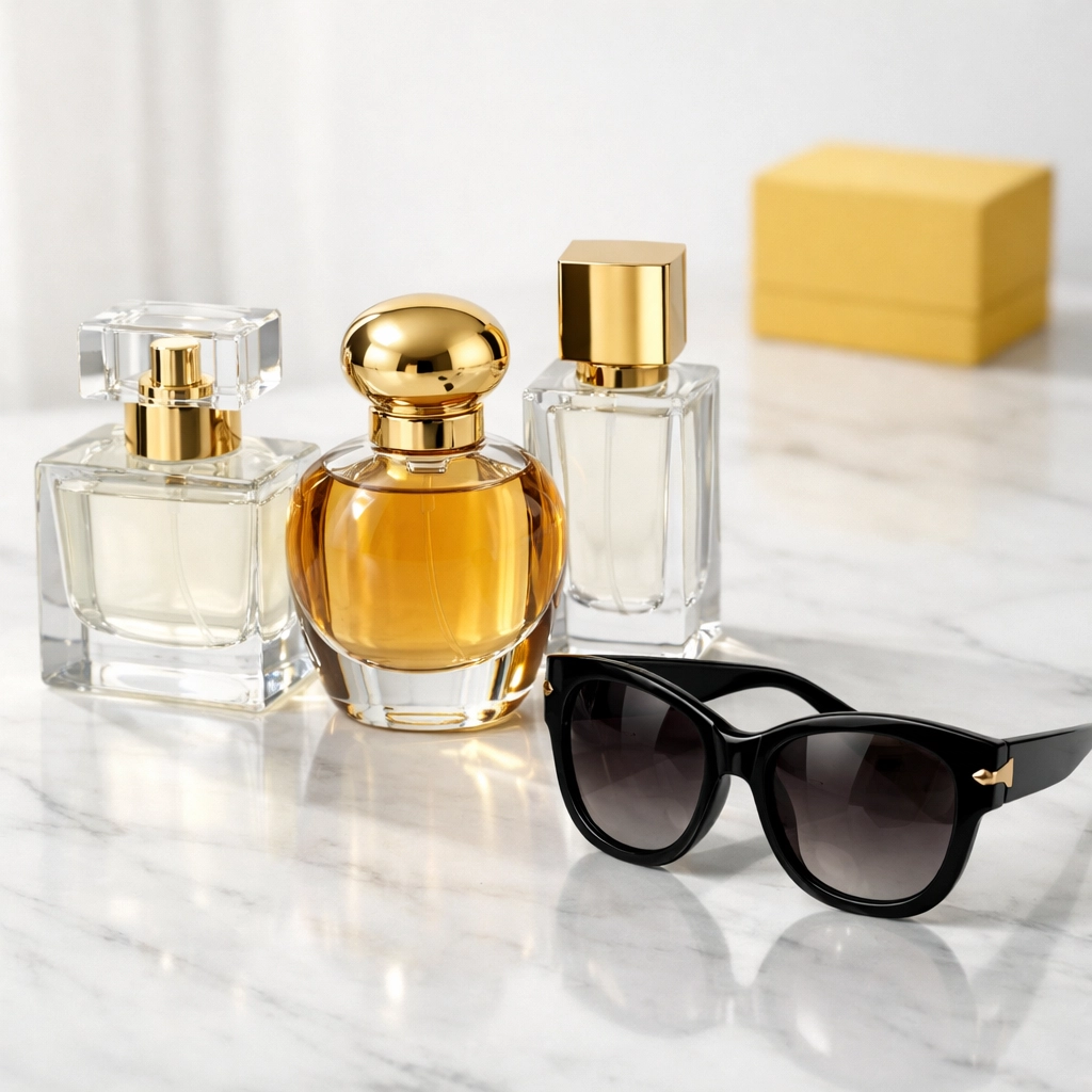 Luxury designer perfume bottles and high-end sunglasses on a marble surface for the UAE wholesale market.