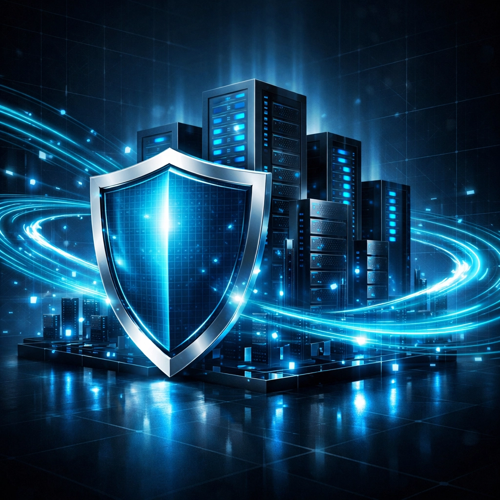 Network security shield protecting servers with 24/7 monitoring and data protection