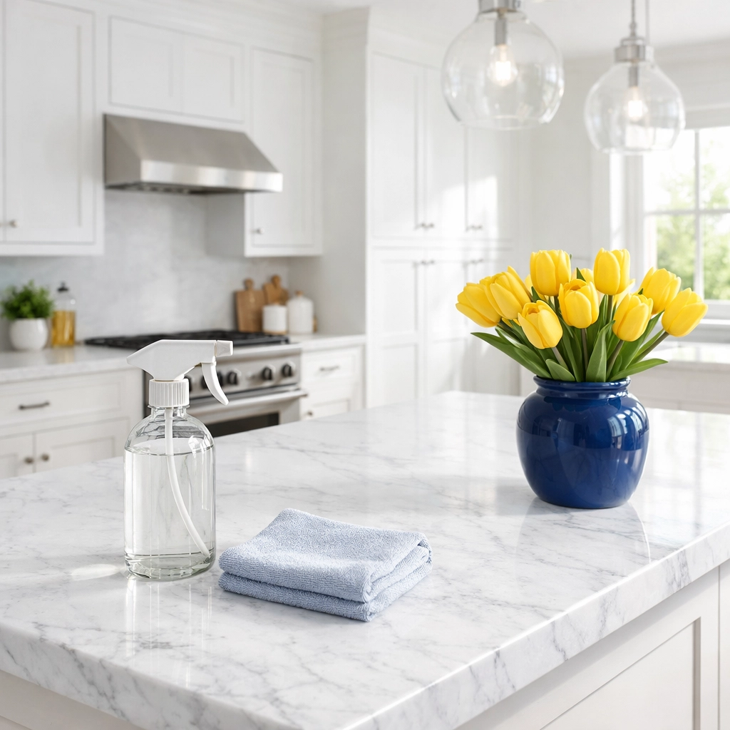 Eco-friendly residential cleaning Massachusetts for a luxury kitchen with marble countertops in Dover.