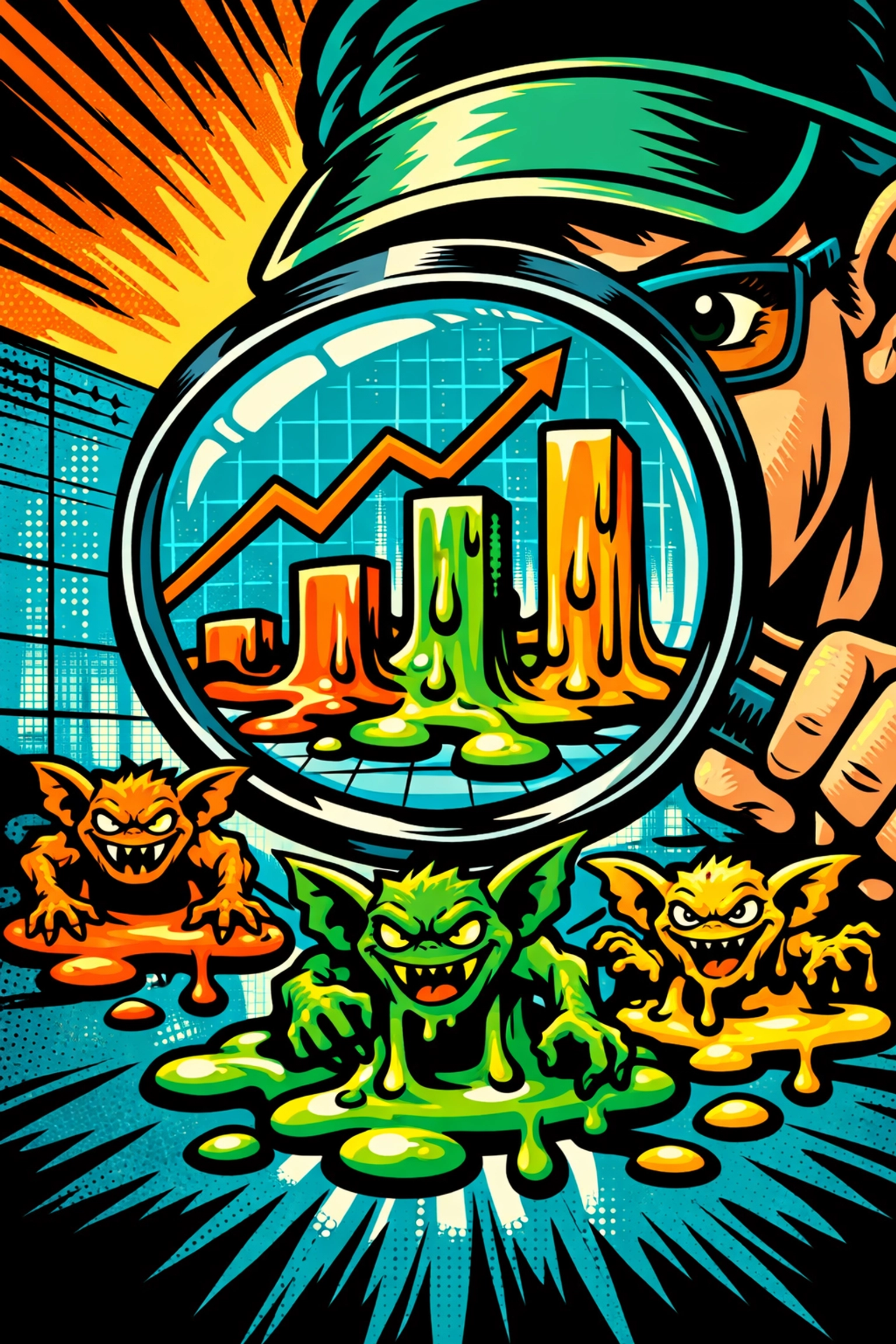 Business owner verifying data with a magnifying glass to catch AI hallucinations and fake statistics.