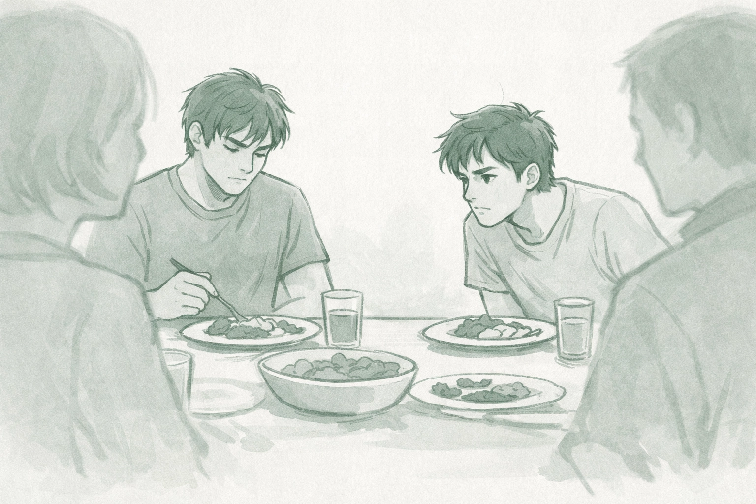 Two step-brothers share secret tension across family dinner table in gay romance narrative