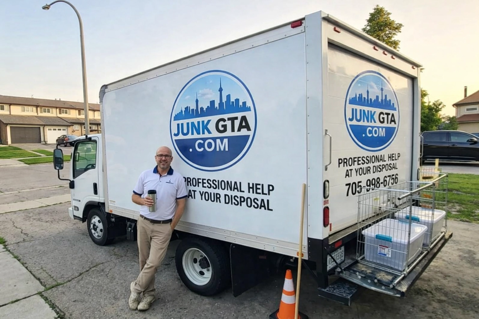 Junk GTA team member beside truck in a residential neighborhood