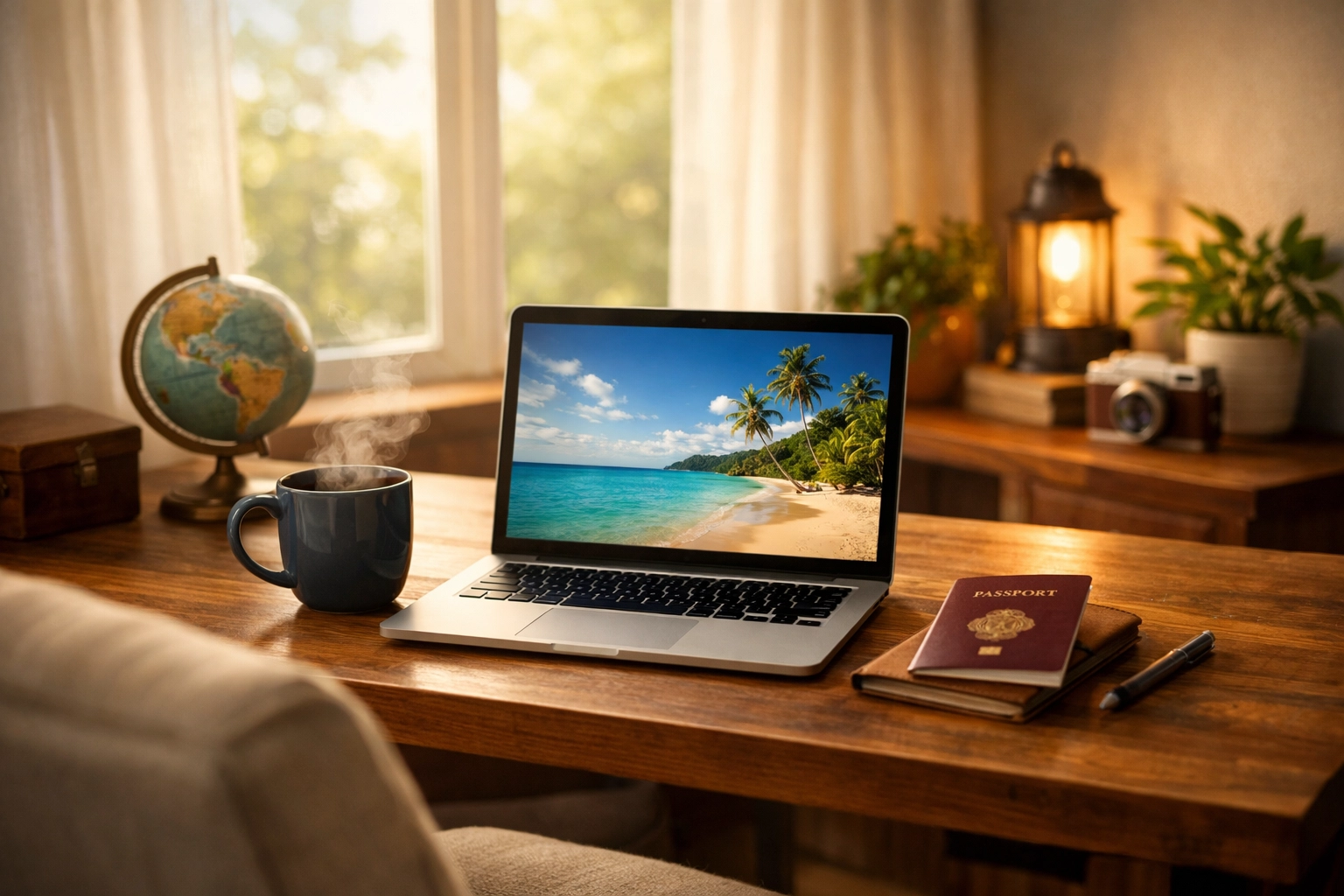 Work from home travel advisor setup with laptop and coffee in cozy home office