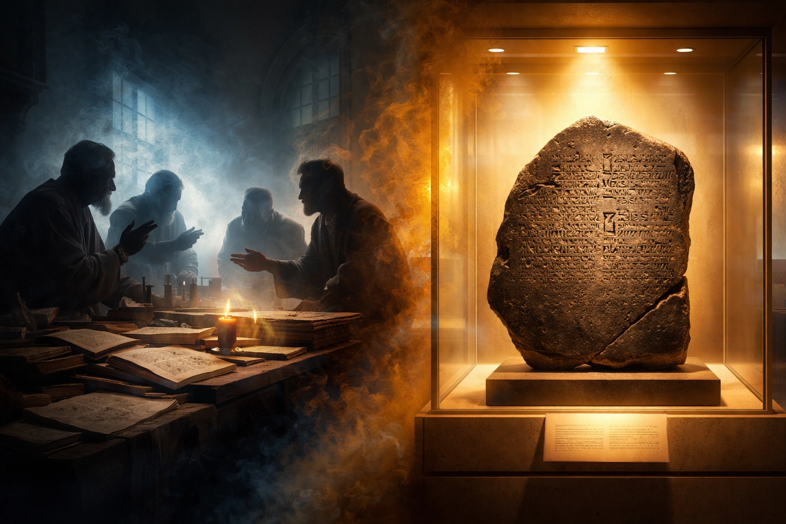 Artistic contrast between scholars doubting King David and the Tel Dan Stele displayed as archaeological proof