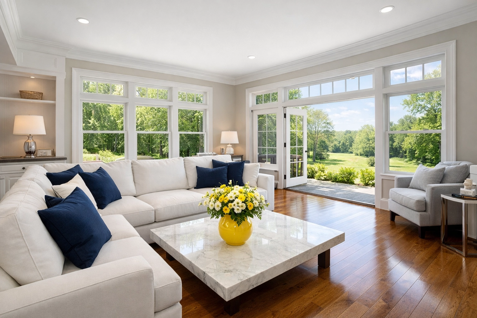 Impeccably clean living room with polished floors after professional house cleaning Franklin MA.