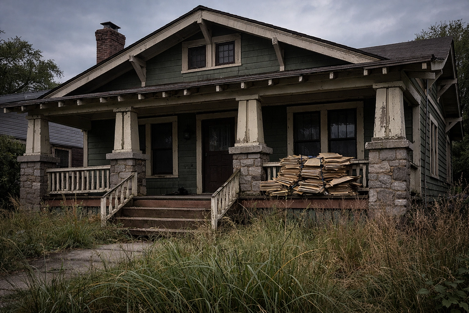 Vacant Nashville house with an overgrown lawn showing the stress of long-distance property ownership.