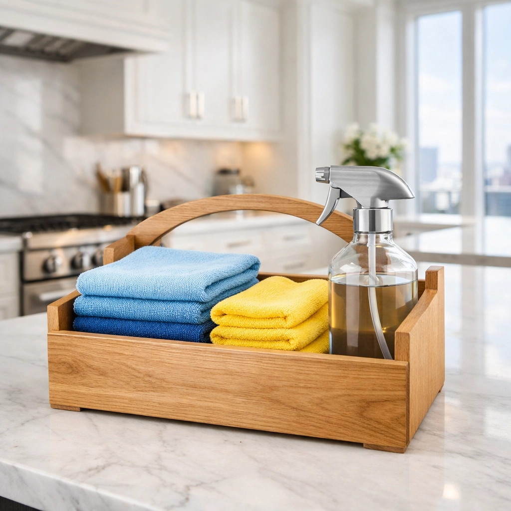 Eco-friendly Apartment Cleaning Boston supplies in a wooden caddy on a bright marble kitchen counter.