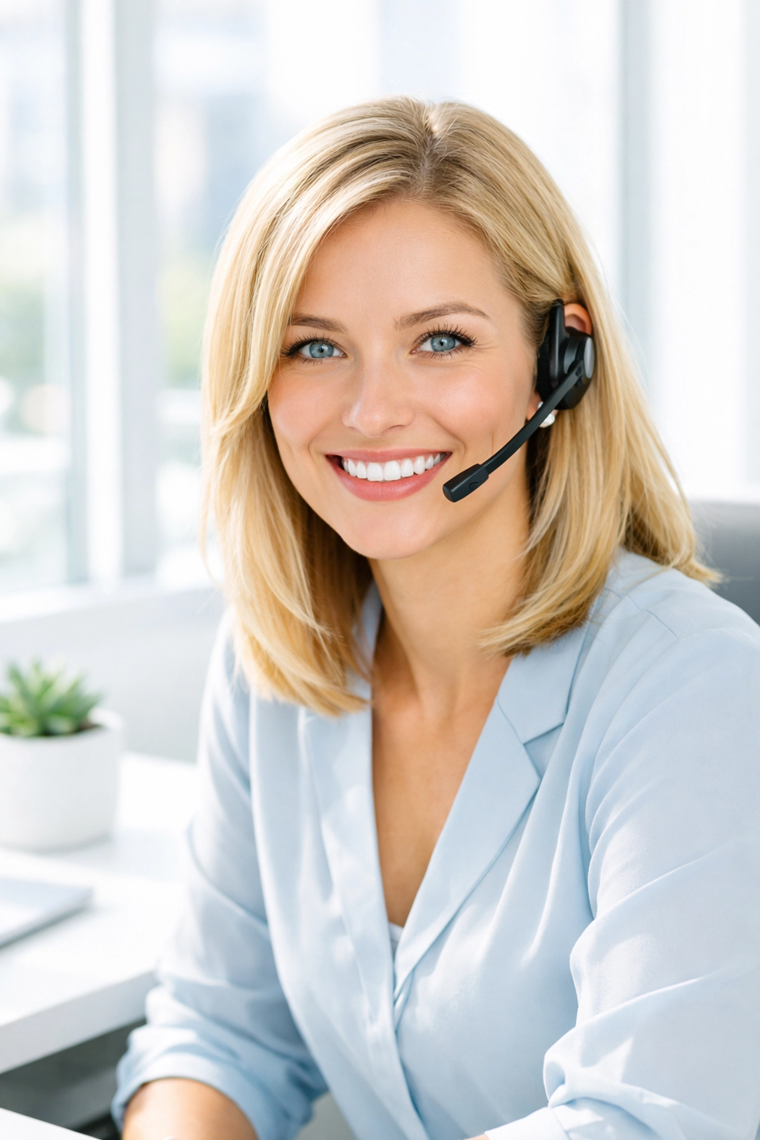 Rachel, a professional AI receptionist with a headset, providing 24/7 customer support for plumbing and HVAC companies.