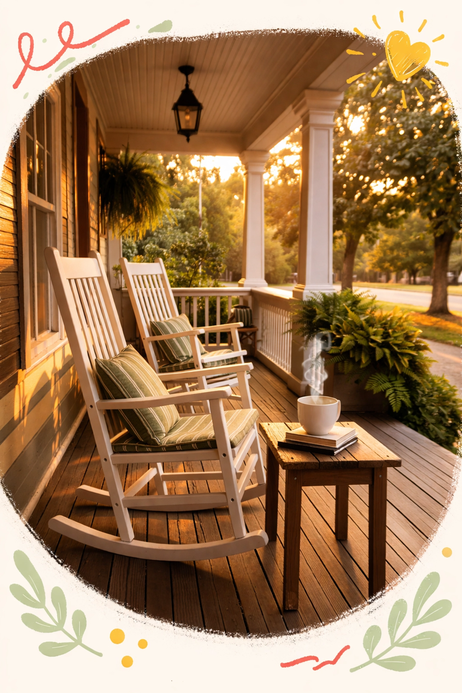 Southern farmhouse porch with rocking chairs, calm atmosphere reflects clarity over rushing real estate decisions in North Metro Atlanta.
