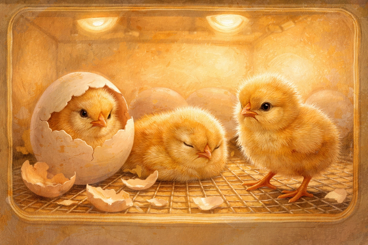 Freshly hatched fluffy chicks in an incubator, symbolizing new life and the excitement of hatching chicks