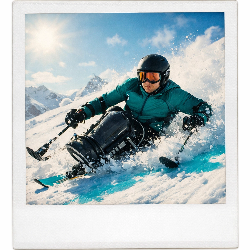 A Paralympic athlete skillfully sit-skiing down a snowy mountain slope, highlighting elite performance and athletic talent.