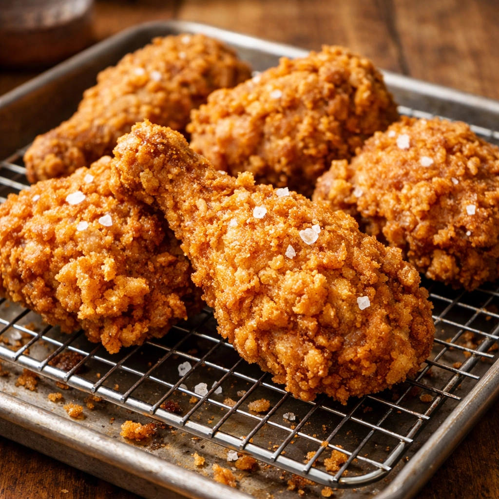 Golden-brown Southern fried chicken reheating on a wire rack to maintain a crispy crust.