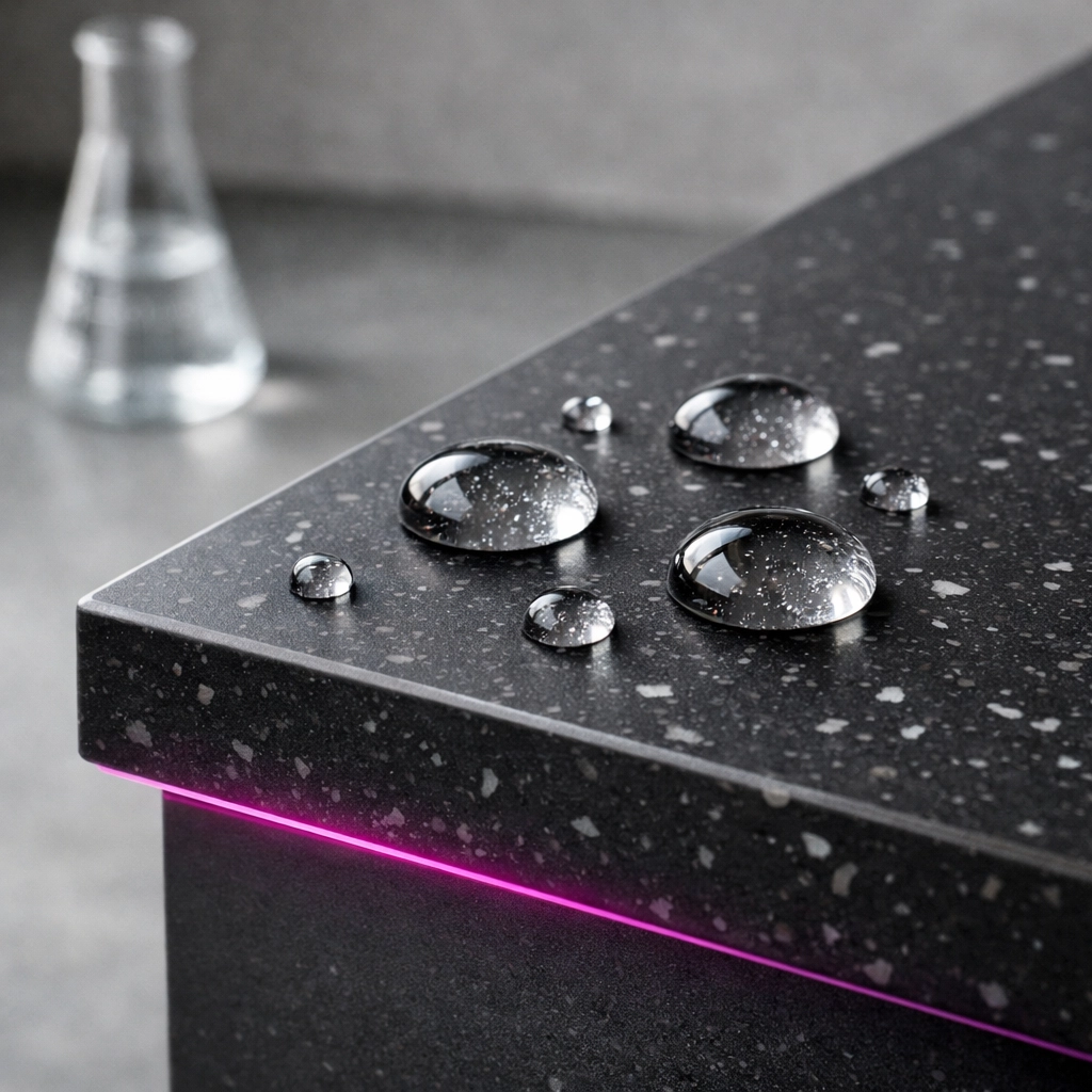 Water droplets beading on a moisture-resistant dark recycled plastic benchtop surface.