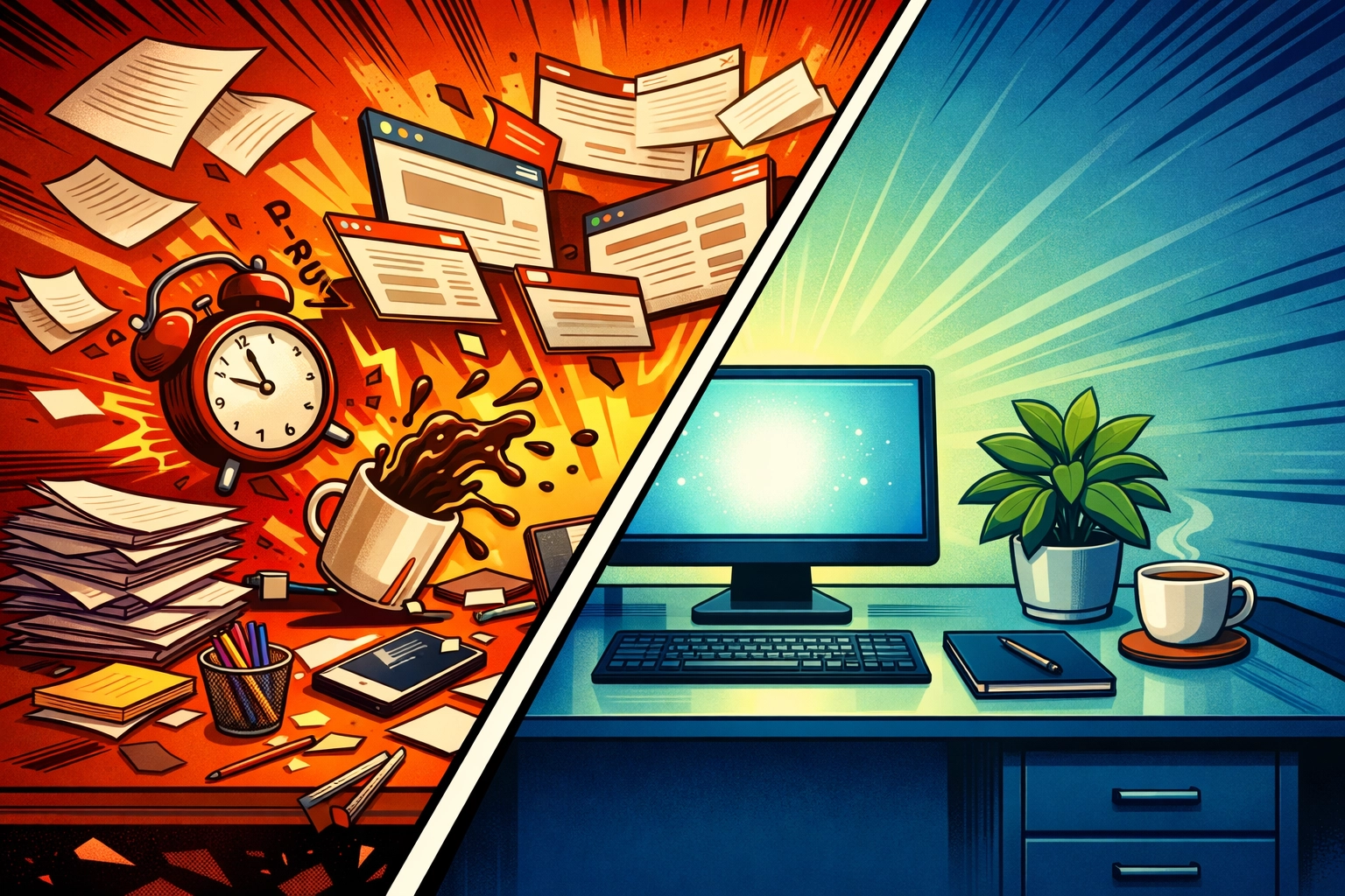 Chaotic desk versus organized workspace showing proper business automation workflow