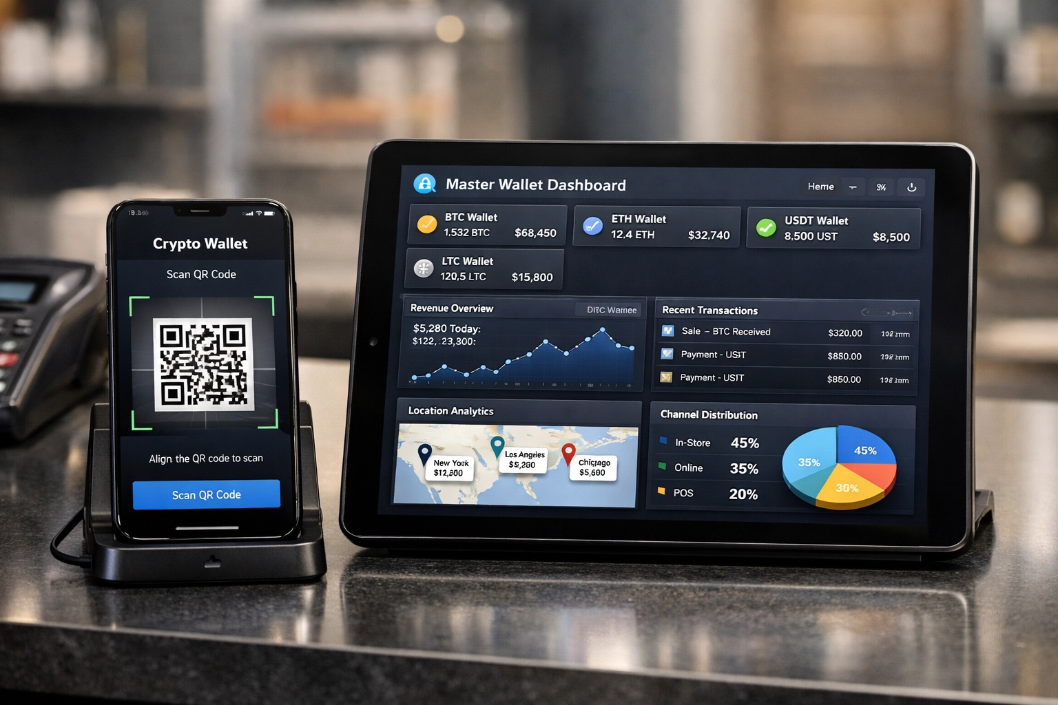 Crypto POS system with QR code scanner and master wallet dashboard showing multi-channel payments