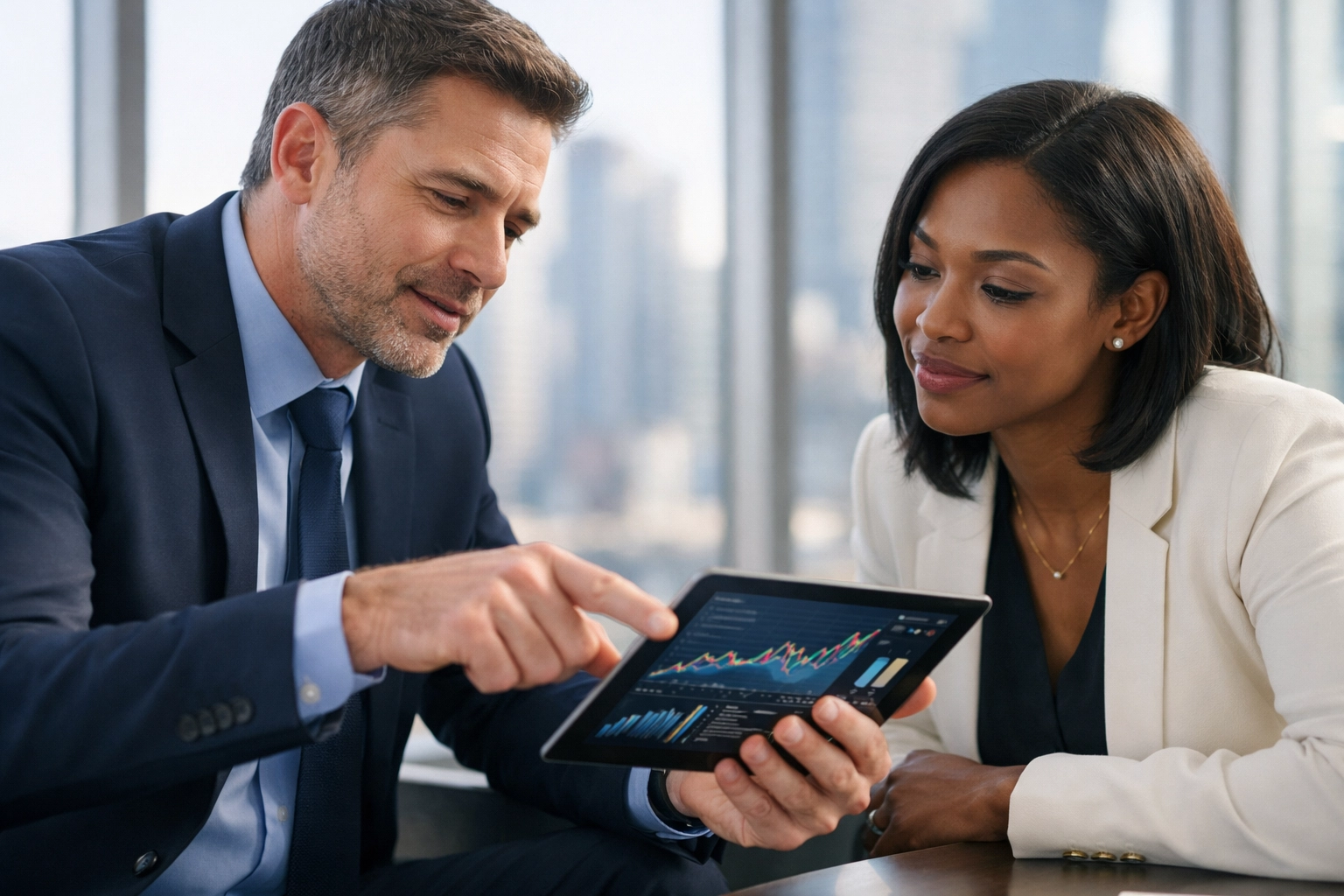 Business experts in a strategic meeting discussing innovative media assets and brand growth solutions.