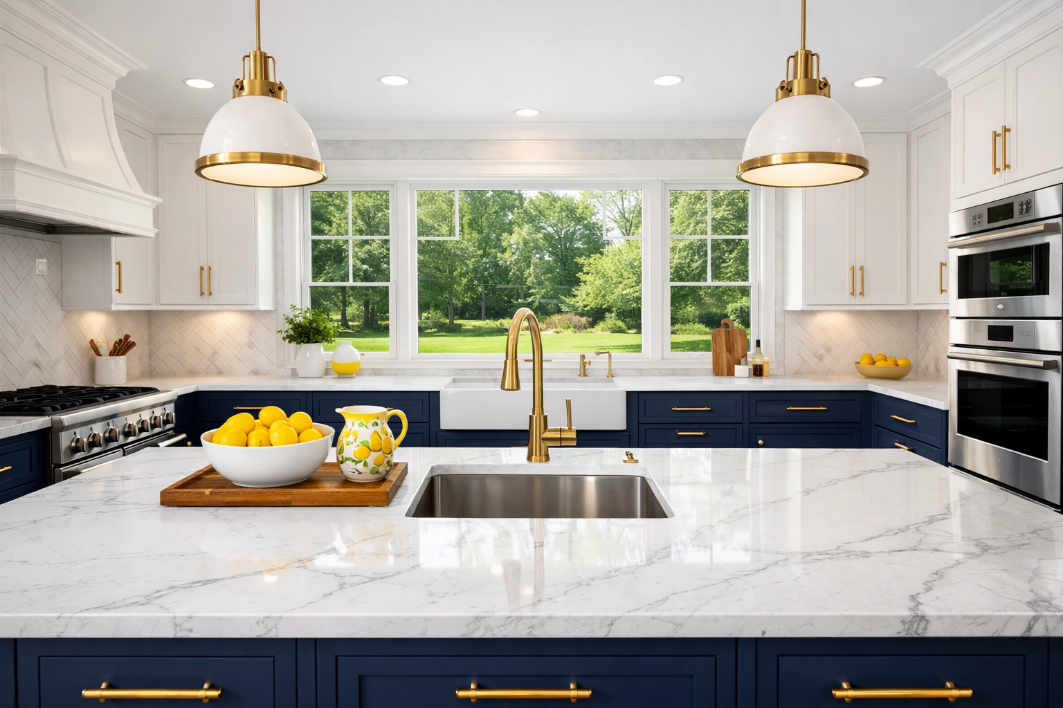 Professional house cleaning in Westborough showing an immaculate modern kitchen with marble countertops.