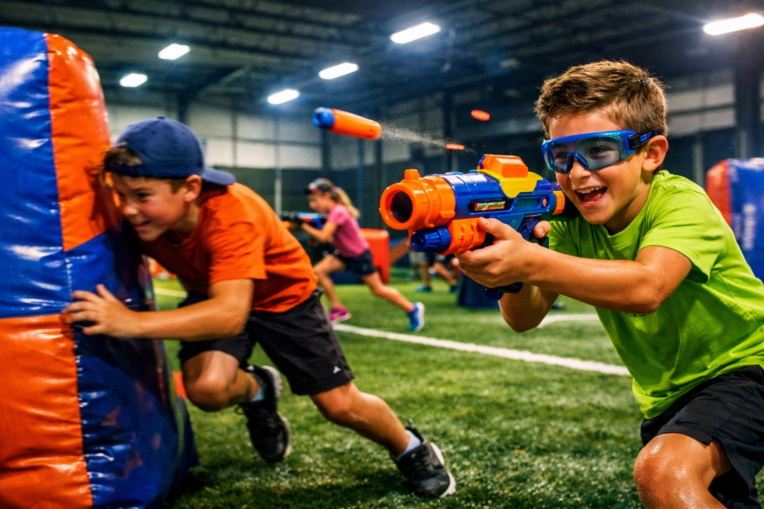 Active children enjoy an indoor foam blaster competition at Athletic Republic Knoxville Summer Sports & Play Camp in West Knoxville.
