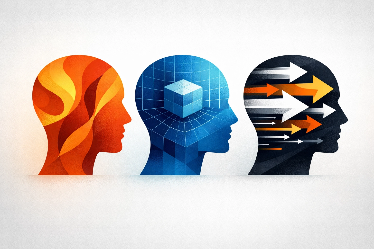 Three interconnected heads representing emotion, logic, and behavior in branding decisions