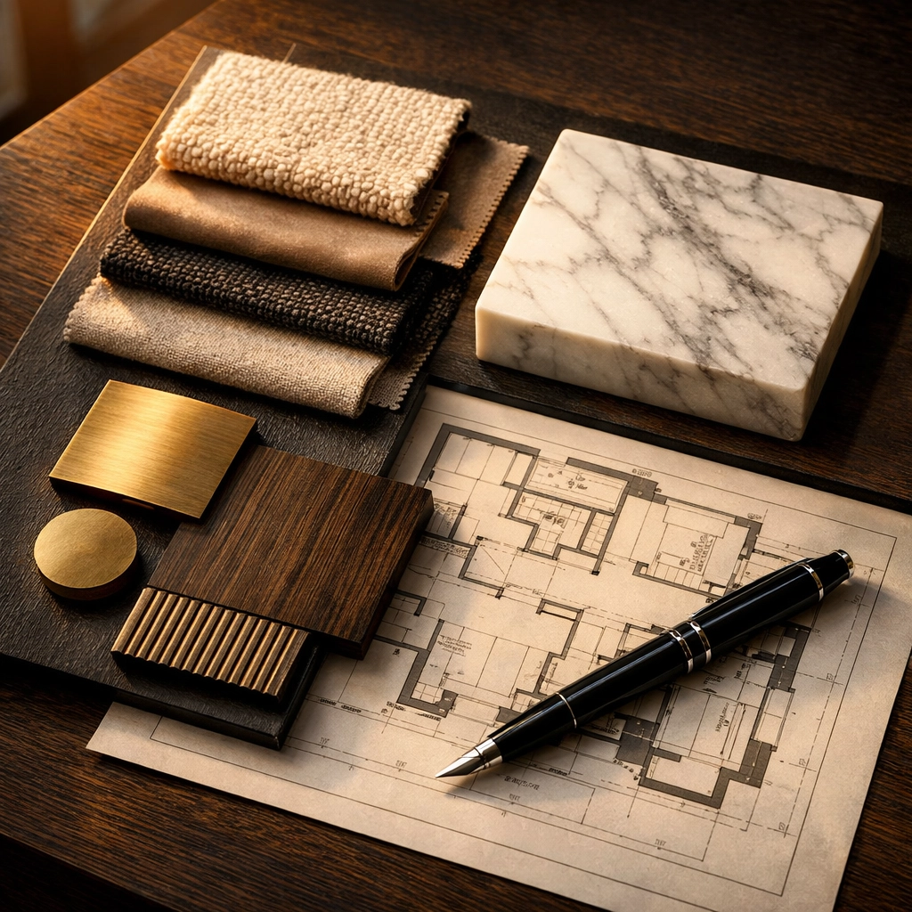 Professional renovation planning with architectural floor plans and interior mood board.