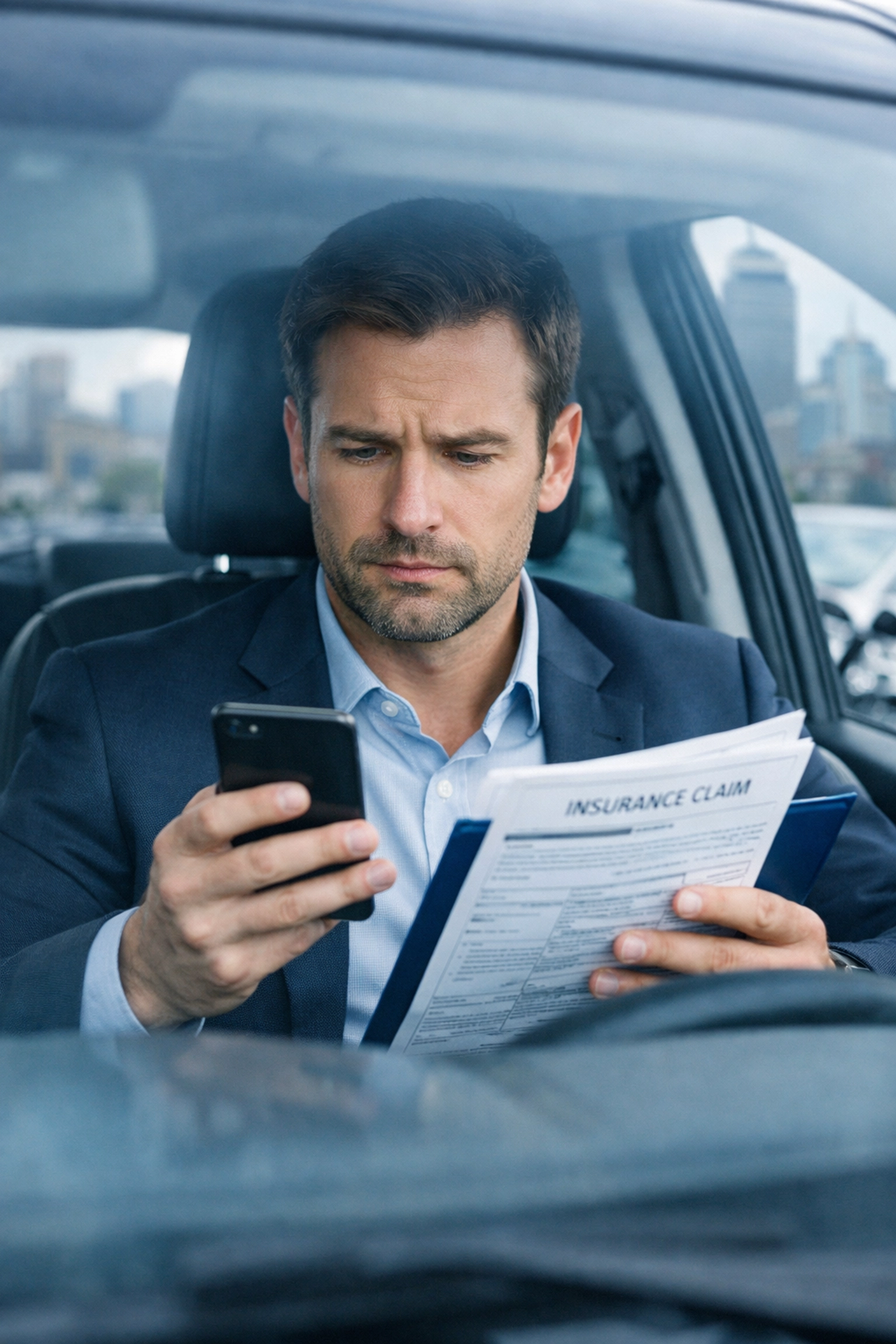 Driver reviewing auto insurance documents after a Massachusetts car accident