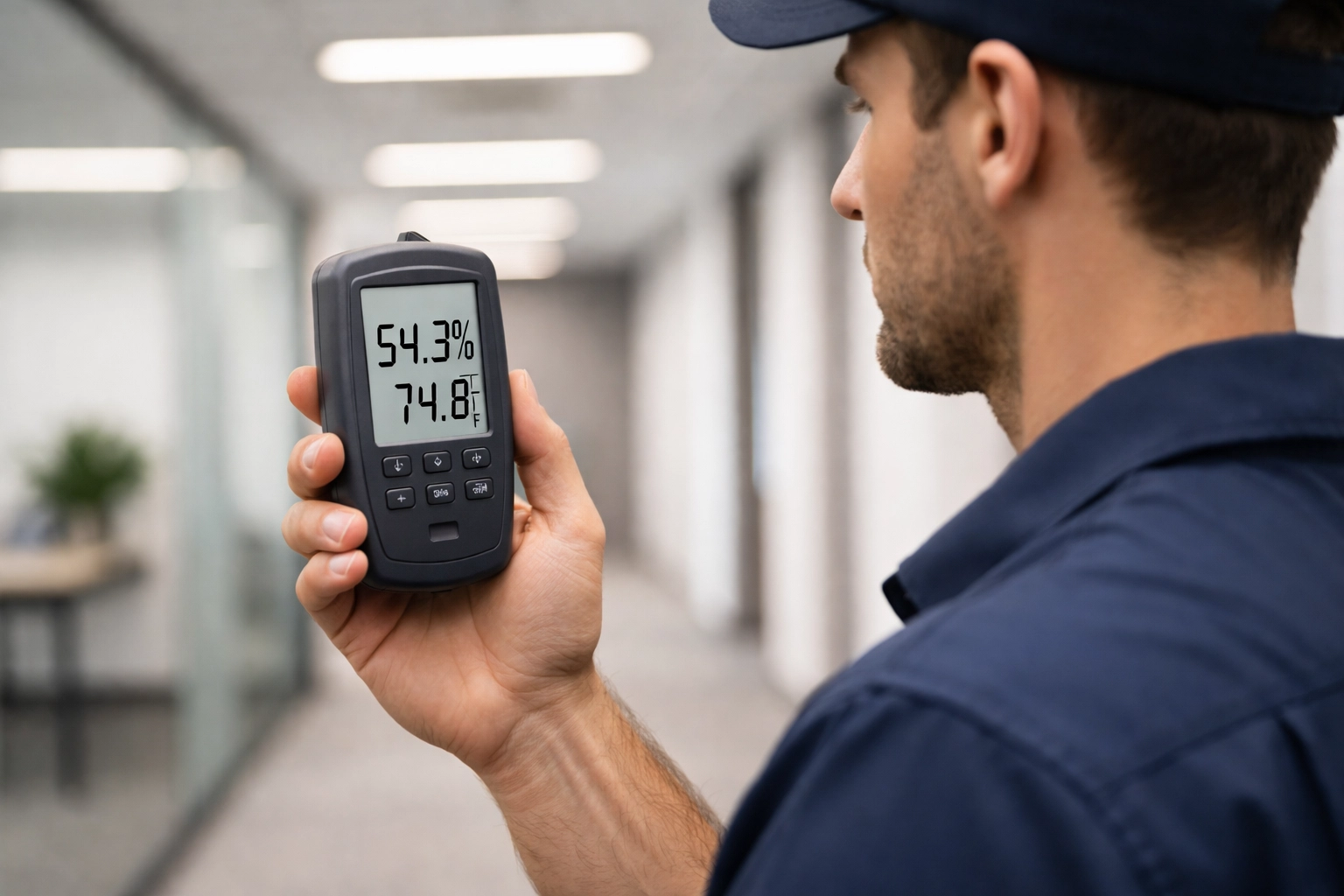 HVAC technician monitoring office humidity levels for optimal indoor air quality